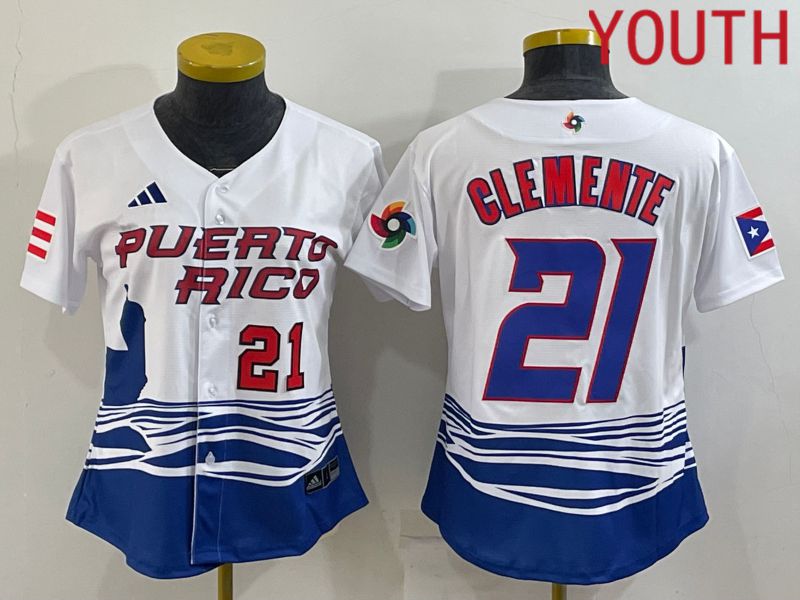 Youth 2023 World Cub Puerto Rico #21 Clemente White MLB Jersey1->youth mlb jersey->Youth Jersey